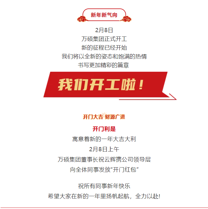 安徽萬碩科技產(chǎn)業(yè)（集團）有限公司今日開門利是，開工大吉！