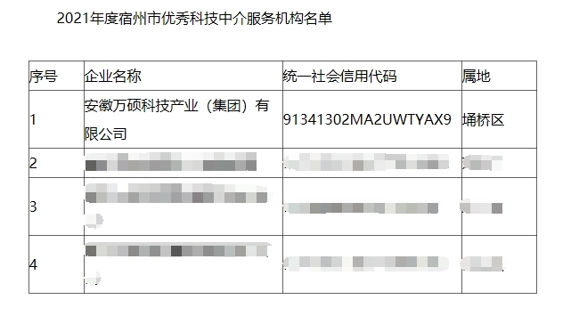 熱烈祝賀安徽萬碩科技產(chǎn)業(yè)（集團）有限公司被評為宿州市優(yōu)秀科技中介服務機構(gòu)