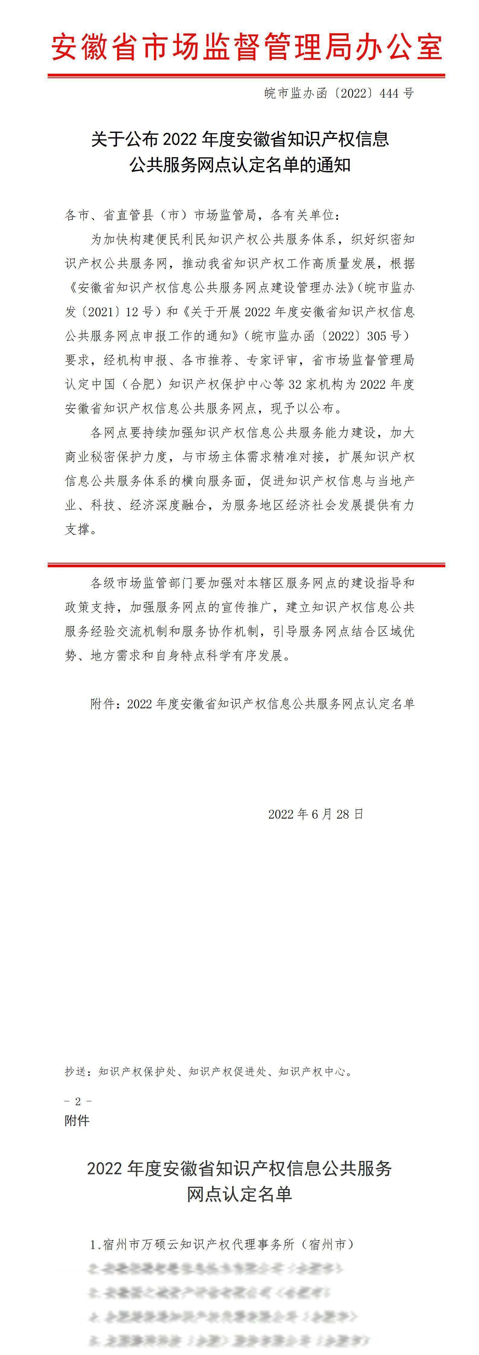 祝賀萬碩云被認定為2022年度安徽省知識產(chǎn)權(quán)信息公共服務網(wǎng)點